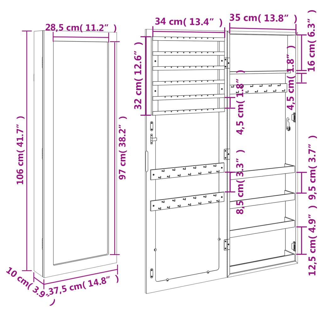 Zidni ormarić za nakit s ogledalom crni 37,5 x 10 x 106 cm
