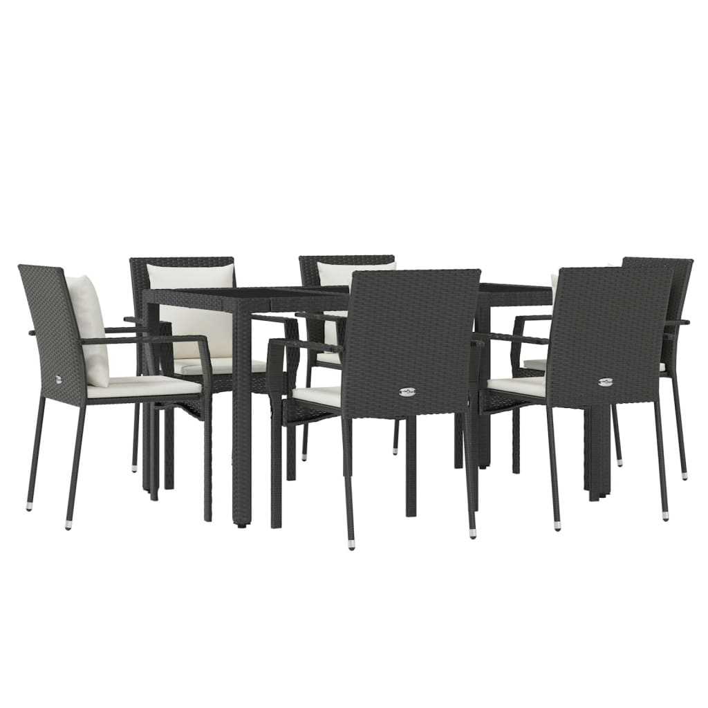 7-dijelni vrtni blagovaonski set s jastucima crni od poliratana