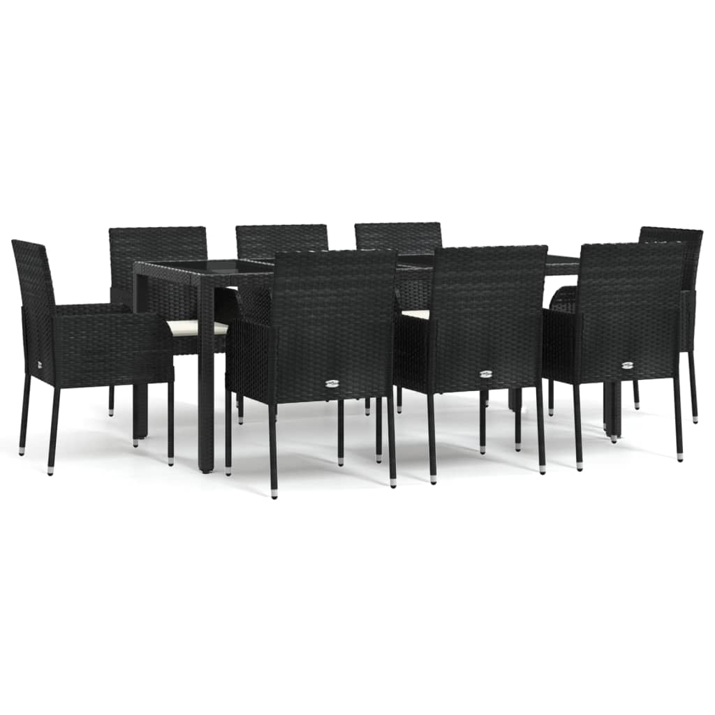 9-dijelni vrtni blagovaonski set s jastucima crni od poliratana Crna Dužina stola 190 cm