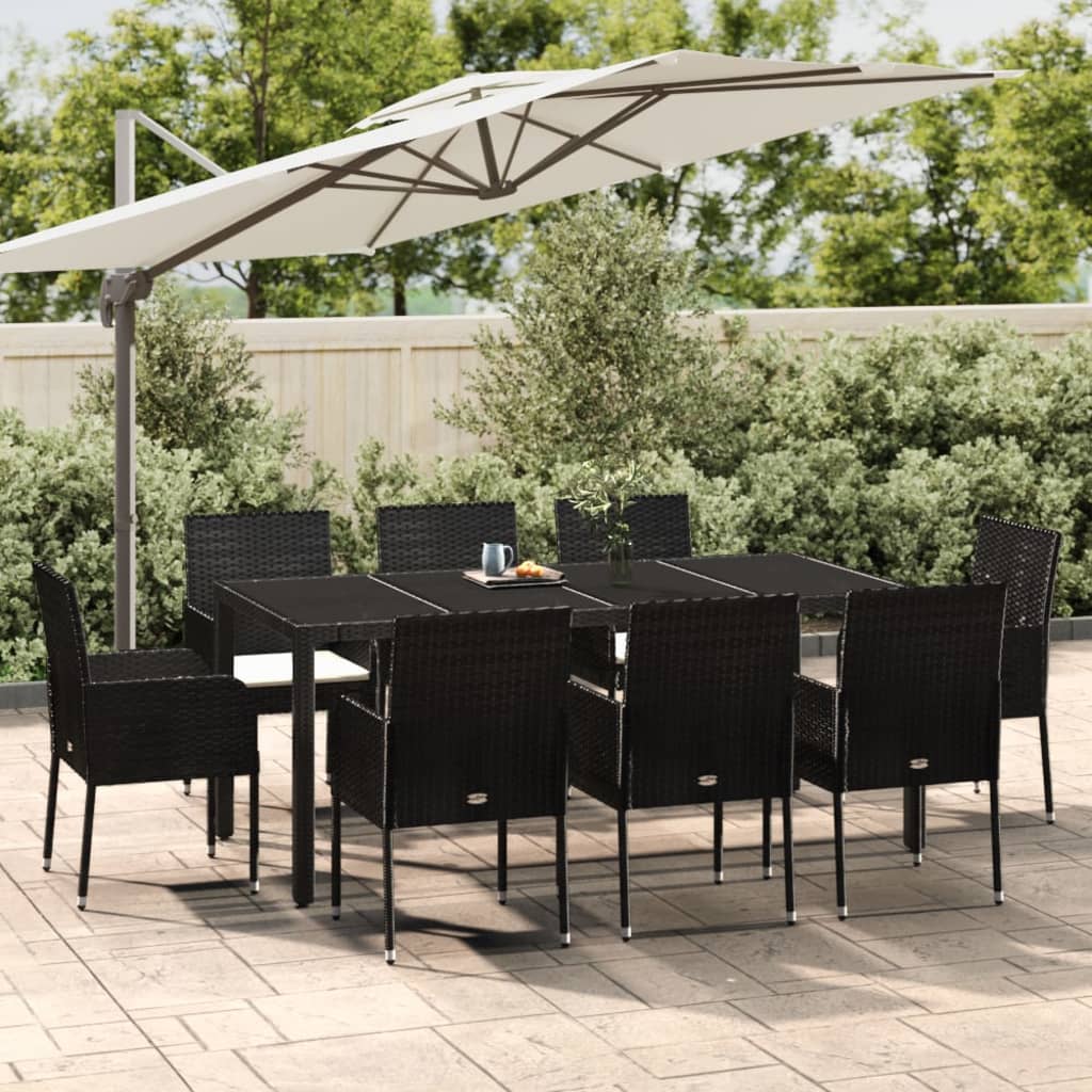9-dijelni vrtni blagovaonski set s jastucima crni od poliratana Crna Dužina stola 190 cm