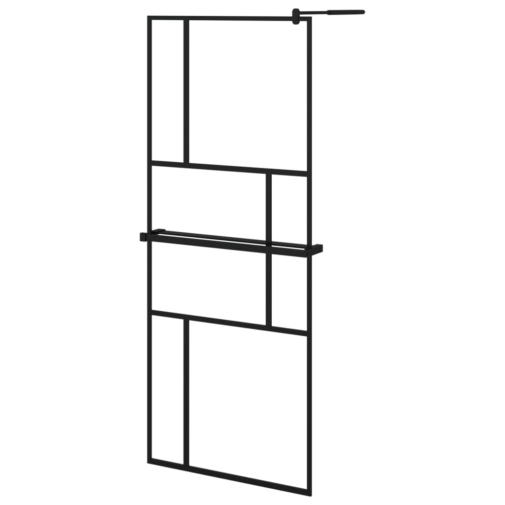 Pregrada za tuš s policom crna 80 x 195 cm s mutnim staklom ESG