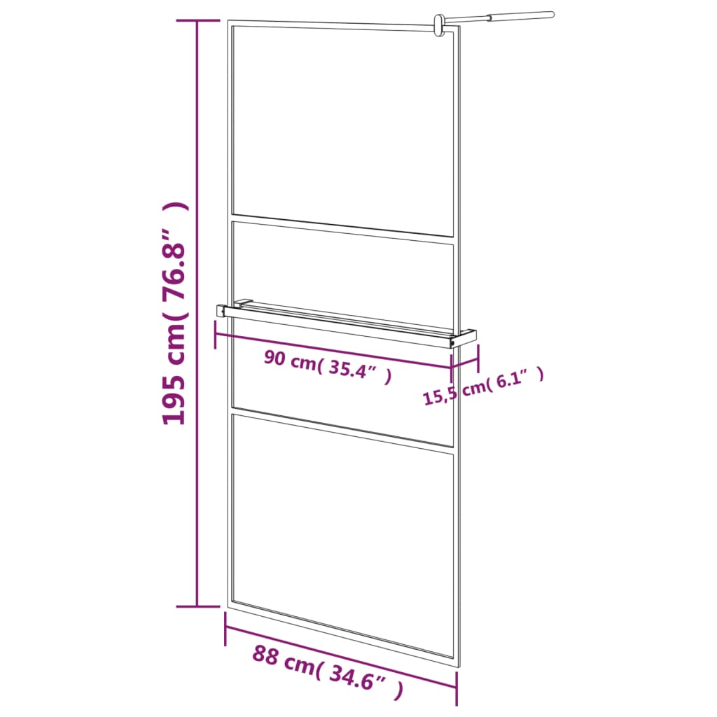 Pregrada za tuš s policom crna 90x195 cm staklo ESG i aluminij