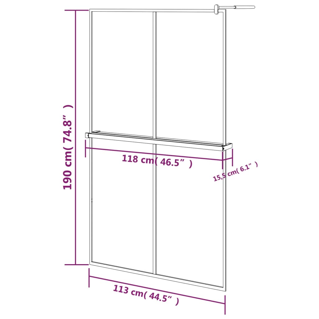 Pregrada za tuš s policom crna 118x190 cm staklo ESG i aluminij
