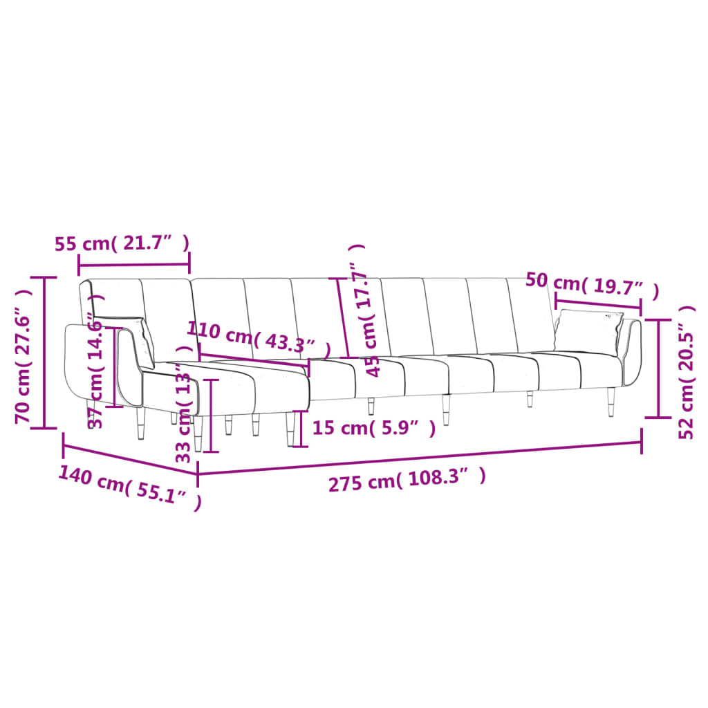 Kutna garnitura na razvlačenje svjetlosiva 275x140x70 cm baršun