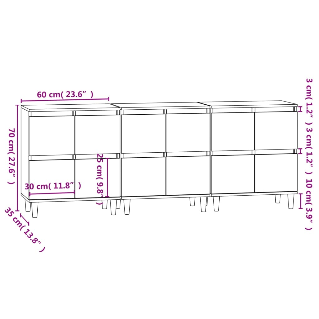 Komode 3 kom siva boja betona 60x35x70 cm od konstruiranog drva