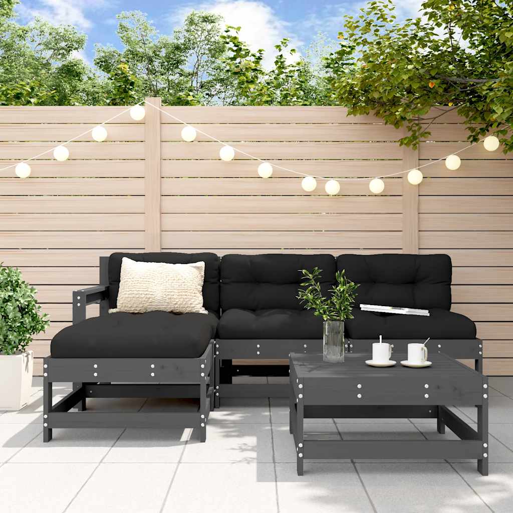 5-dijelna vrtna garnitura s jastucima siva od masivnog drva