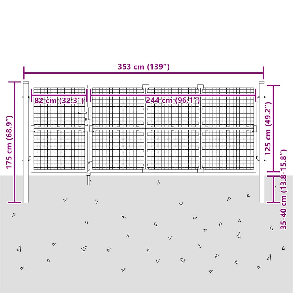 Vrtna vrata od mreže srebrne boje 350 x 125 cm, pocinčani čelik