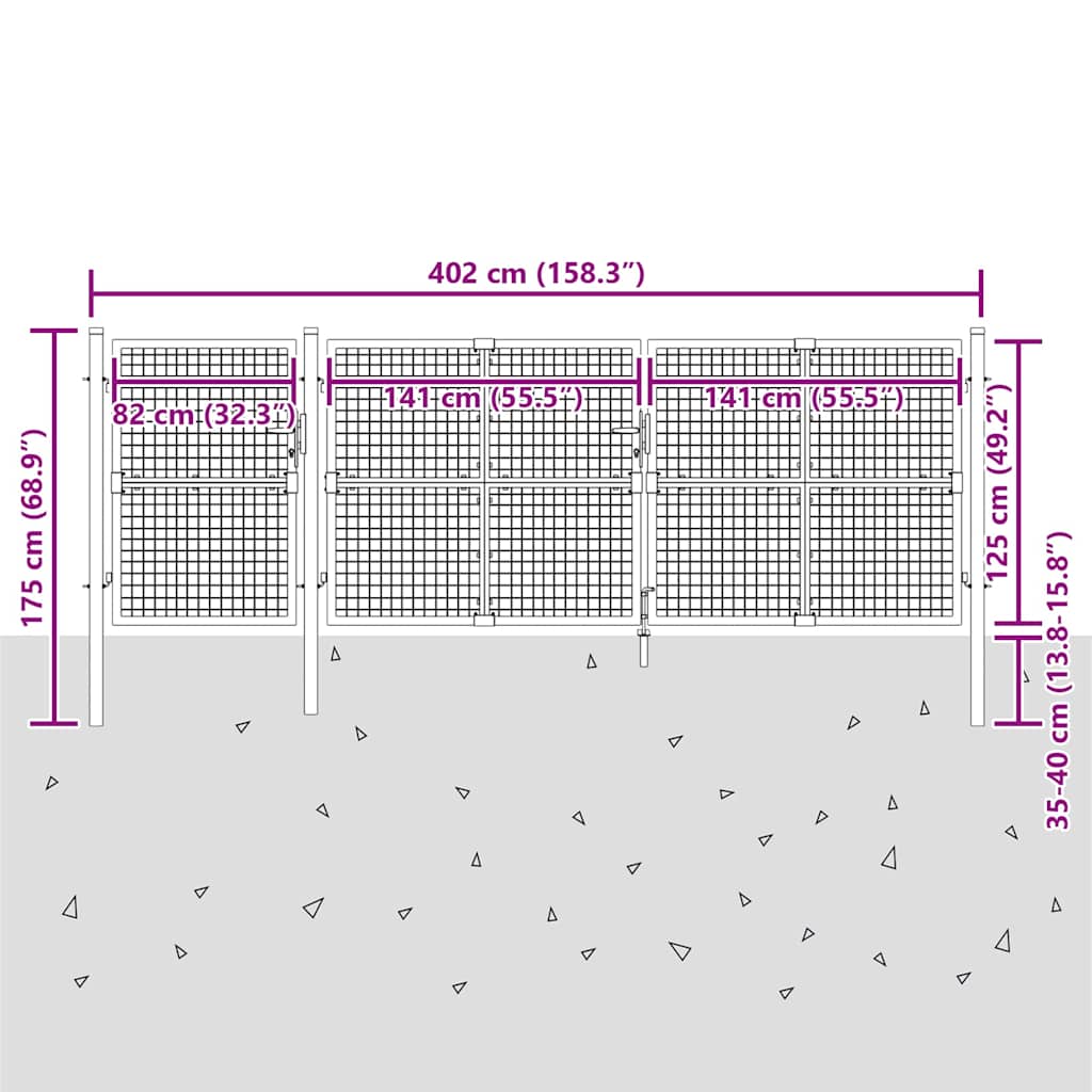 Vrtna vrata od mreže srebrne boje 400 x 125 cm pocinčani čelik