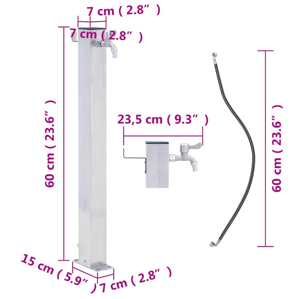 Vrtni stup za vodu 60 cm od nehrđajućeg čelika četvrtasti