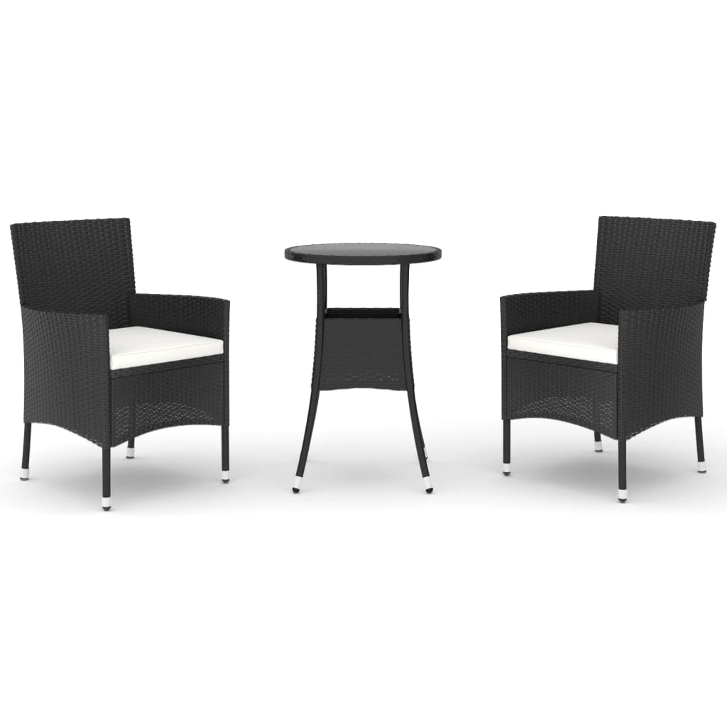 3-dijelni vrtni bistro set od poliratana s jastucima crni