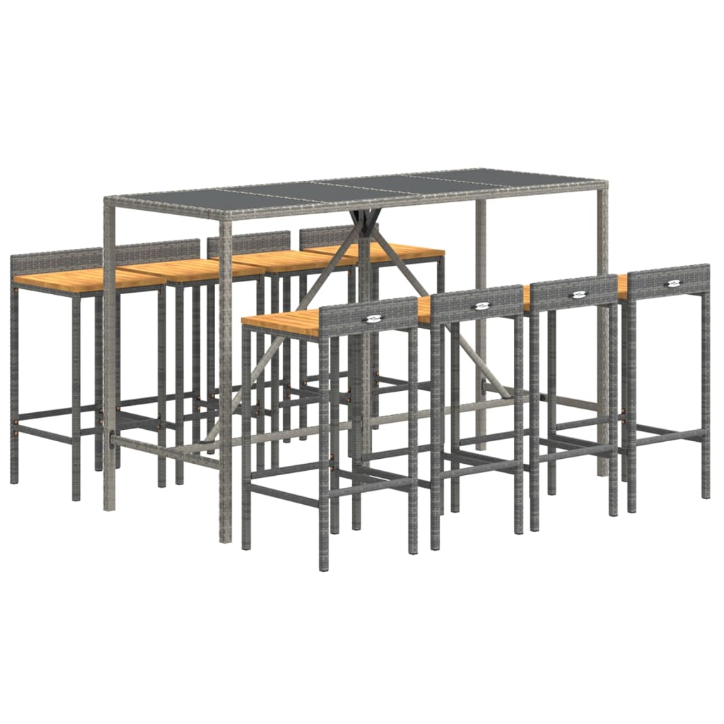 9-dijelni vrtni barski set sivi od poliratana i drva bagrema