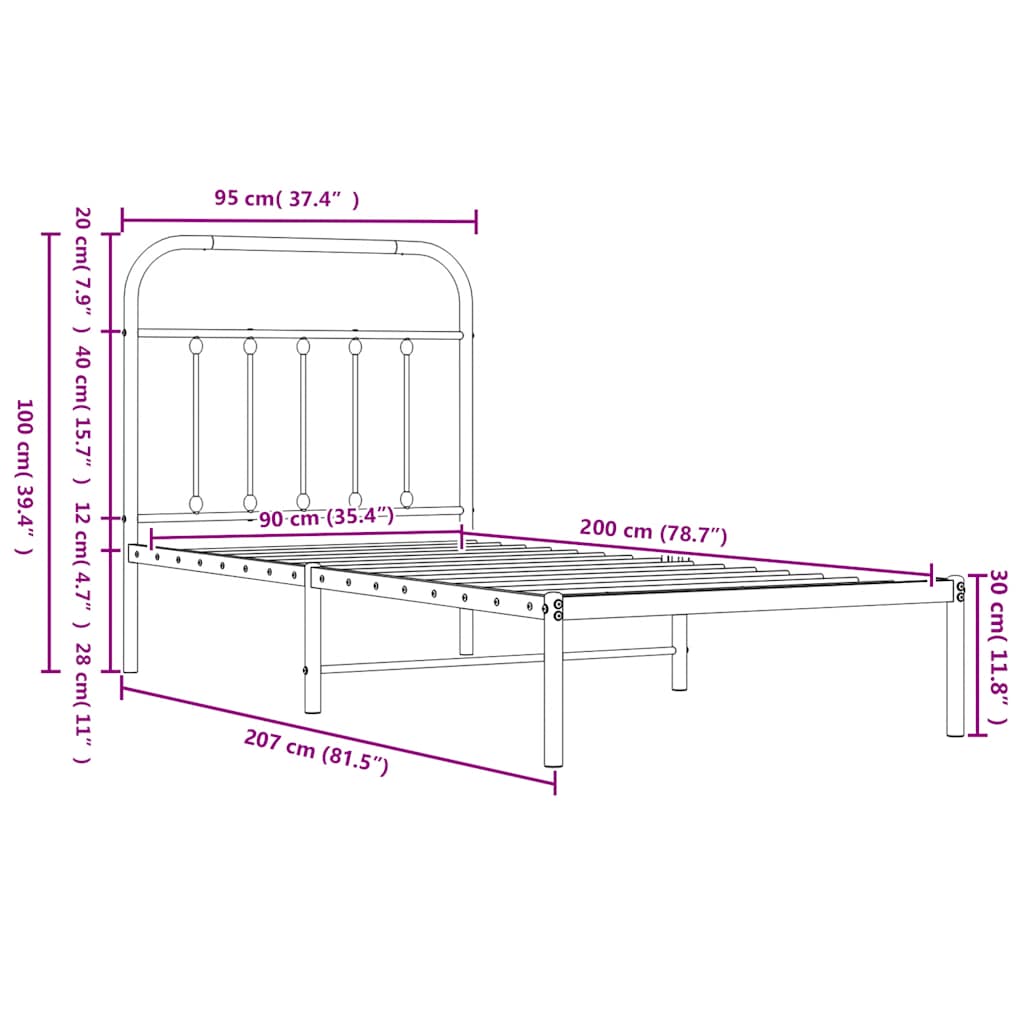 Metalni okvir za krevet s uzglavljem crni 90x200 cm