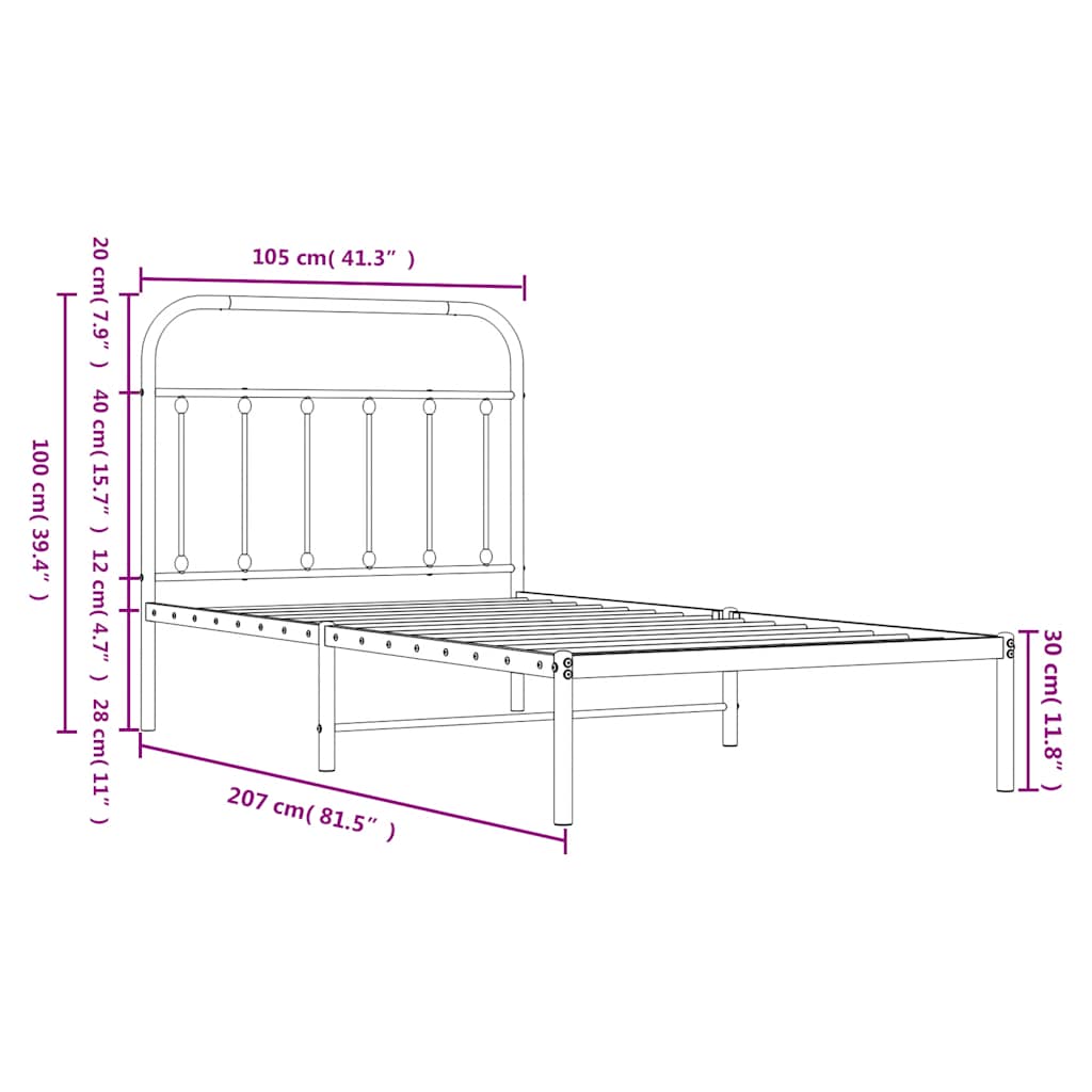 Metalni okvir za krevet s uzglavljem crni 100x200 cm
