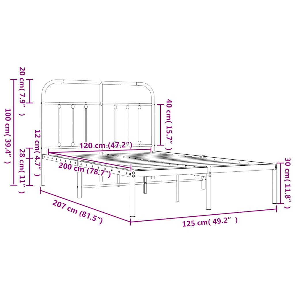 Metalni okvir za krevet s uzglavljem crni 120x200 cm