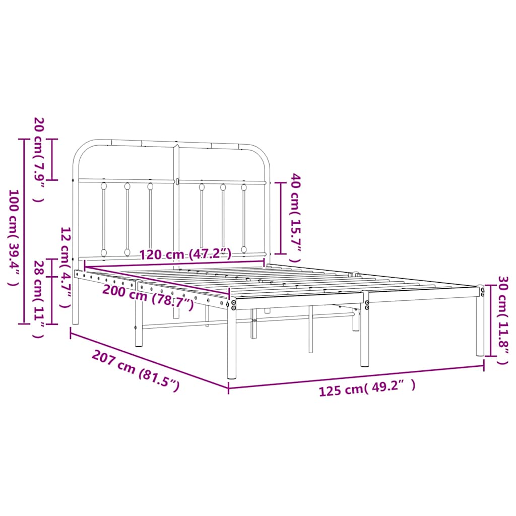 Metalni okvir za krevet s uzglavljem crni 120x200 cm