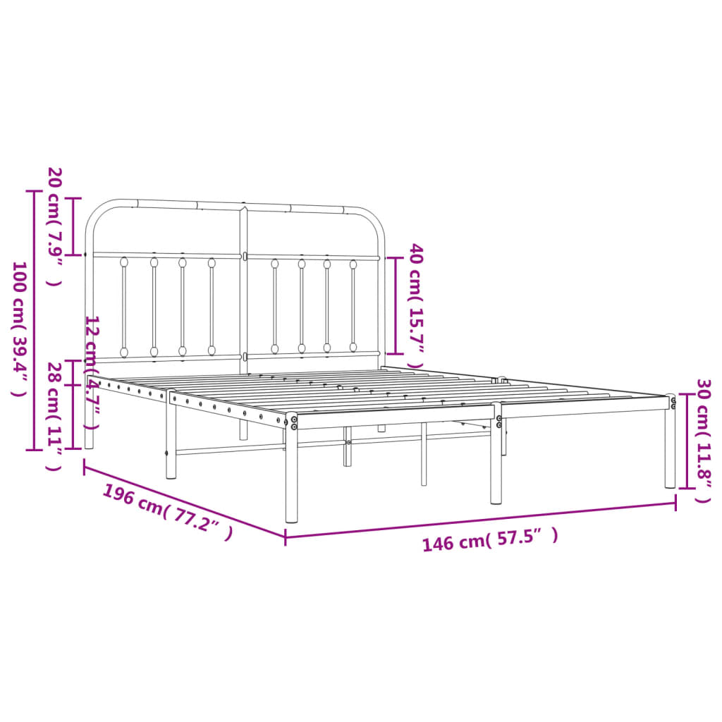 Metalni okvir za krevet s uzglavljem crni 140x190 cm