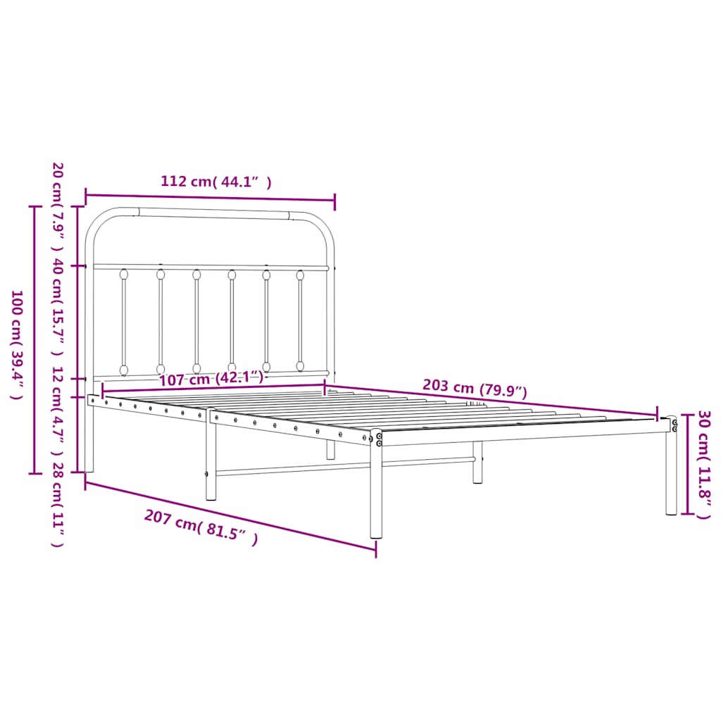 Metalni okvir za krevet s uzglavljem bijeli 107x203 cm