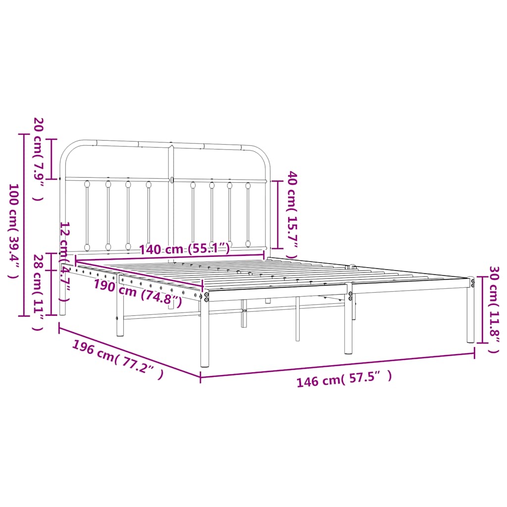 Metalni okvir za krevet s uzglavljem bijeli 140 x 190 cm