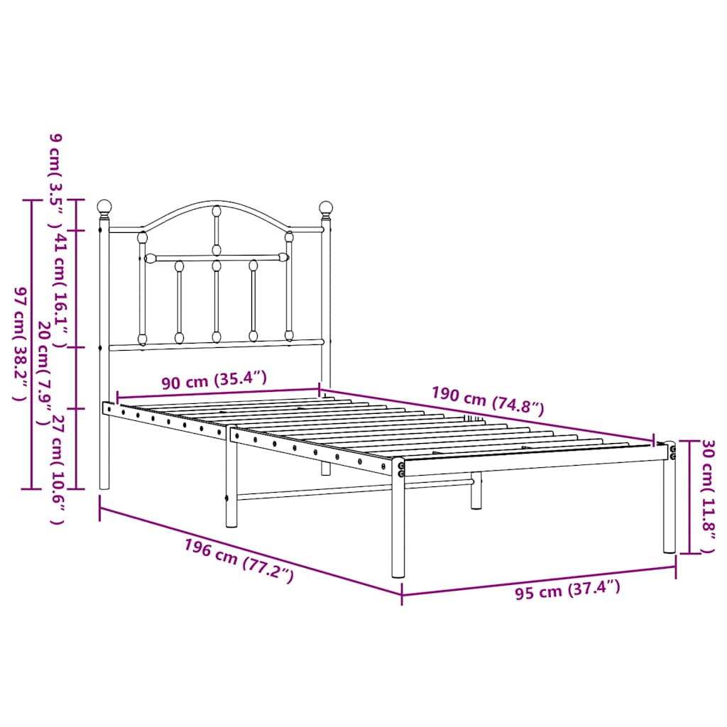 Metalni okvir za krevet s uzglavljem crni 90x190 cm