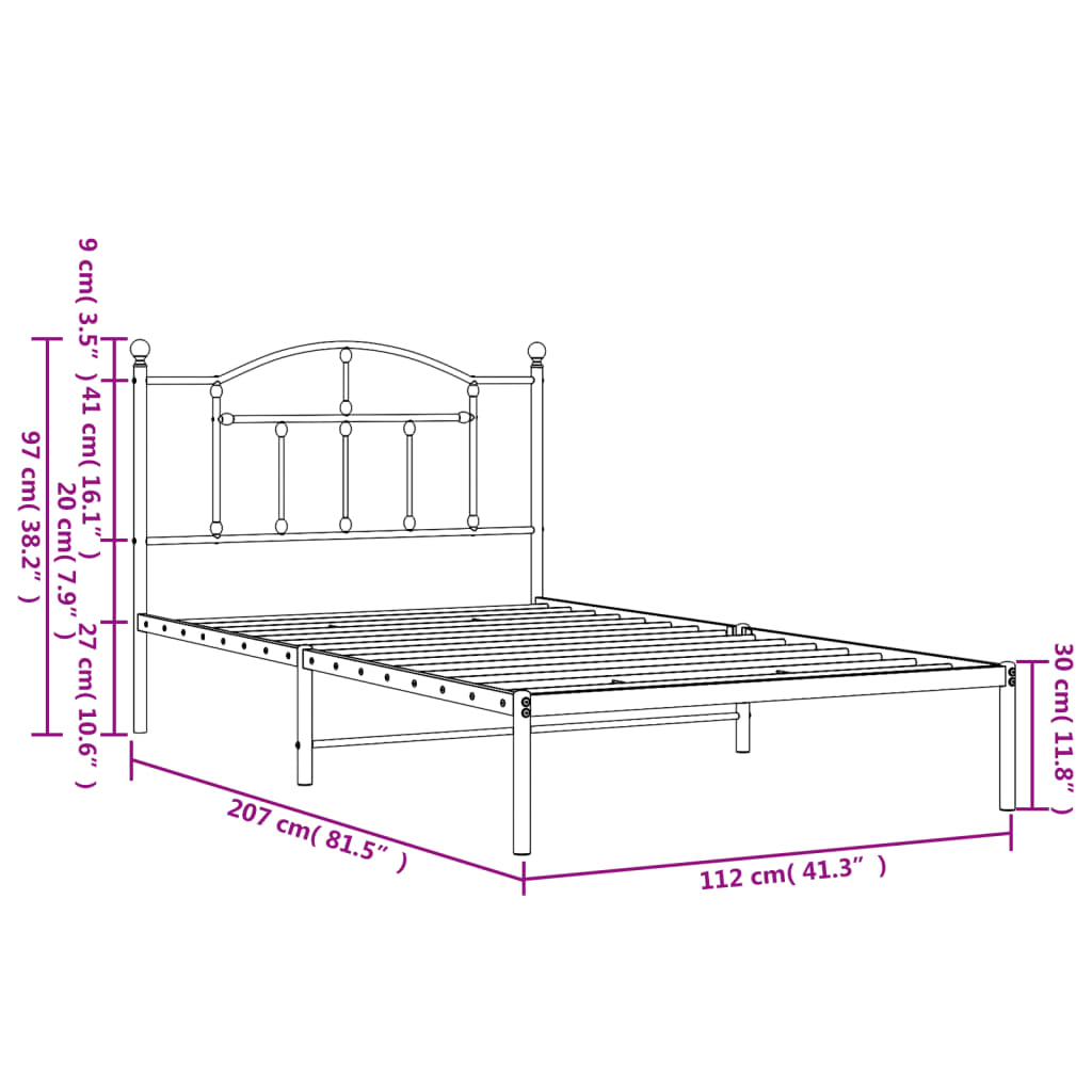 Metalni okvir za krevet s uzglavljem crni 107x203 cm