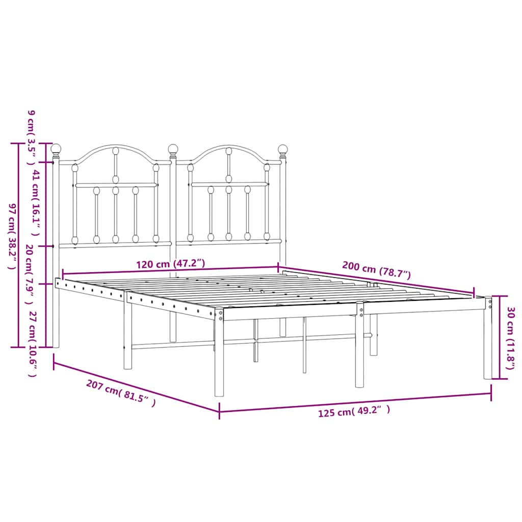 Metalni okvir za krevet s uzglavljem crni 120x200 cm