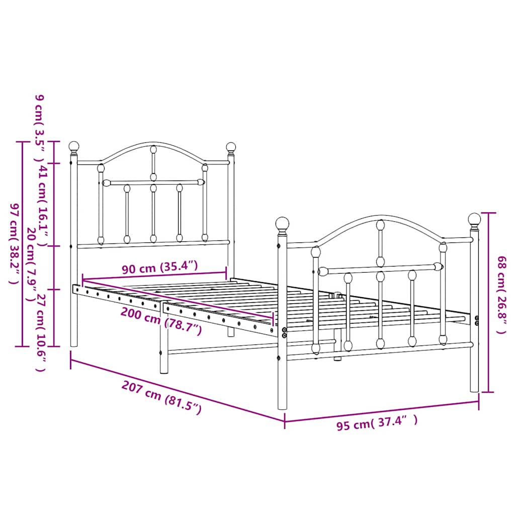 Metalni okvir kreveta uzglavlje i podnožje crni 90 x 200 cm