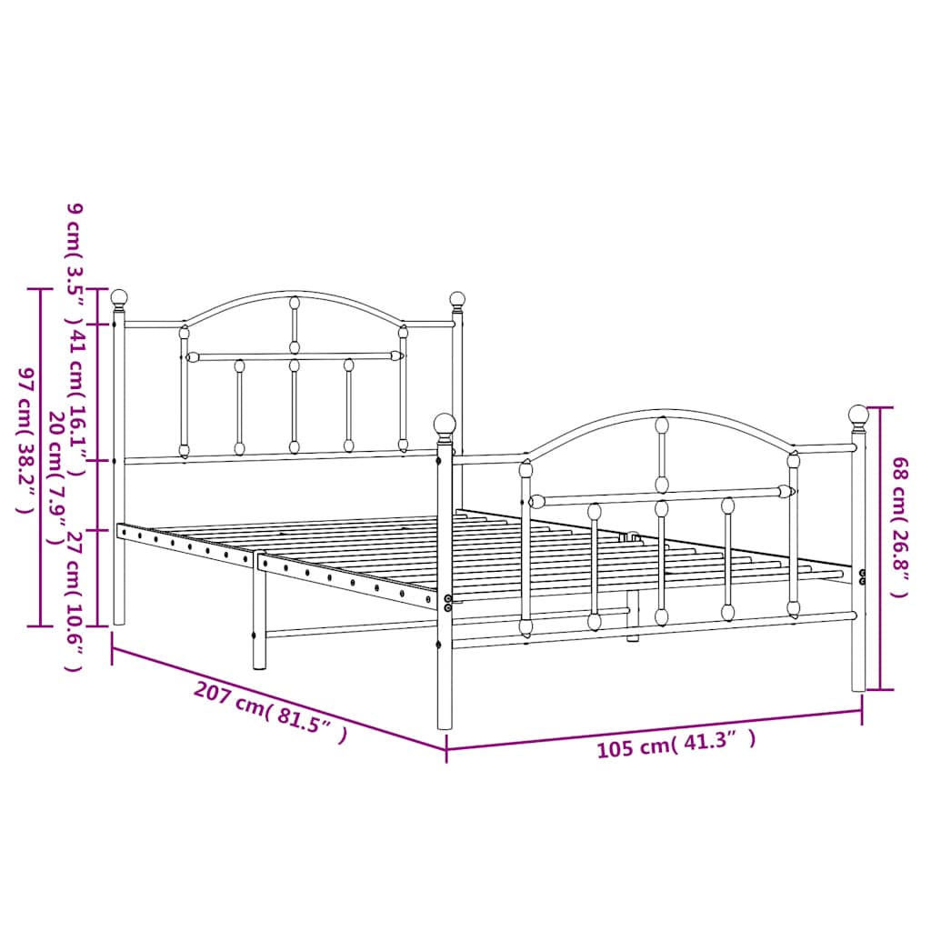 Metalni okvir kreveta uzglavlje i podnožje crni 100x200 cm