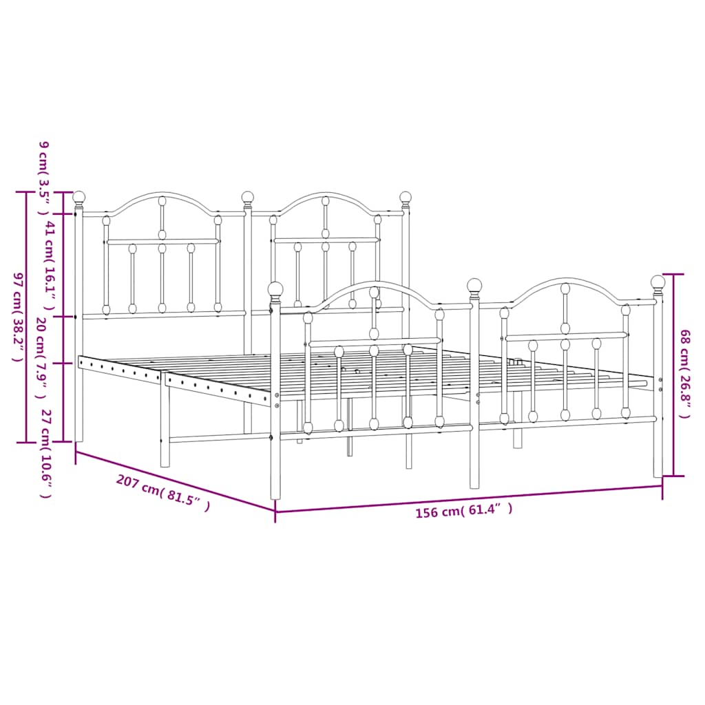 Metalni okvir kreveta uzglavlje i podnožje crni 150x200 cm