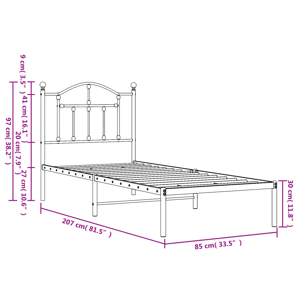 Metalni okvir za krevet s uzglavljem bijeli 80x200 cm