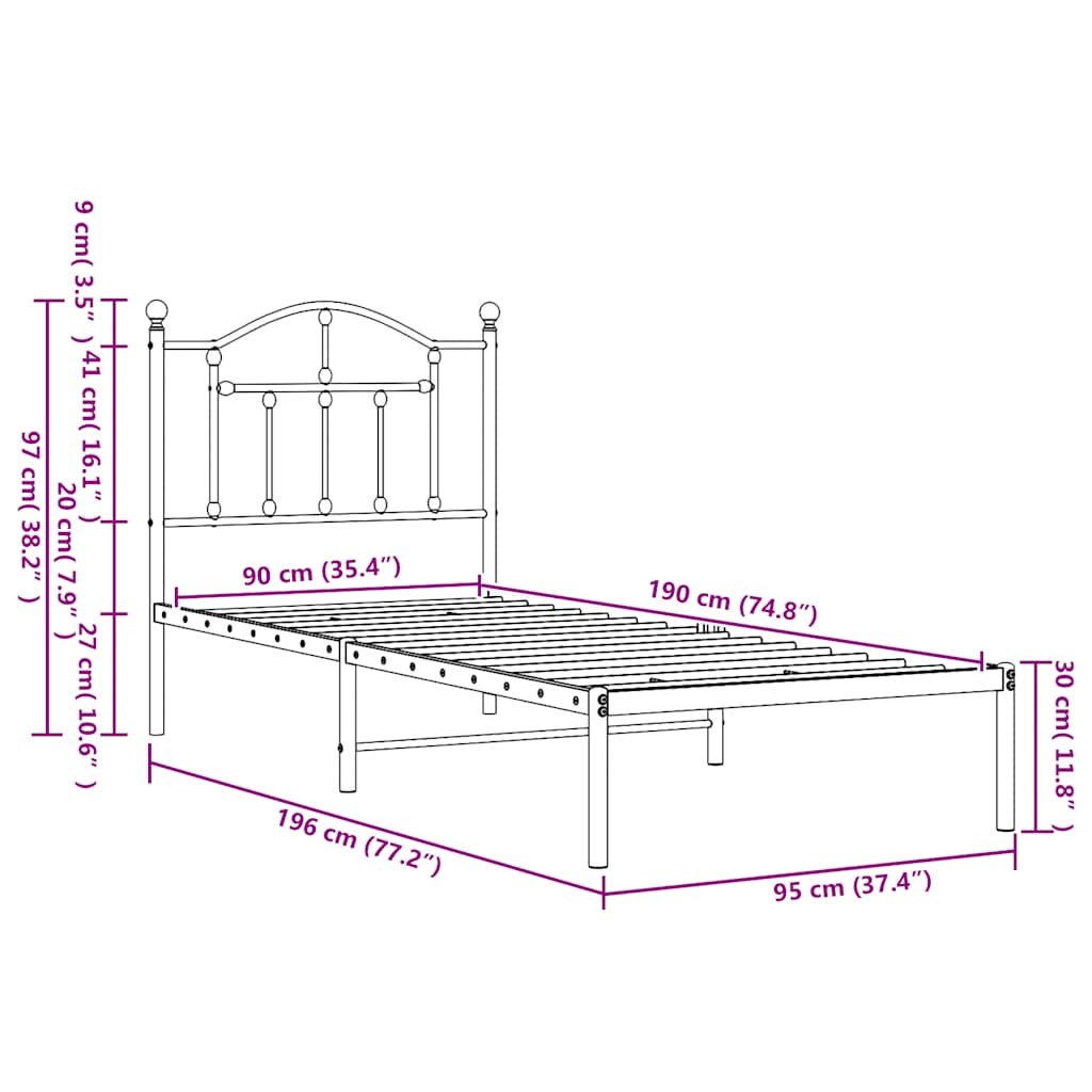 Metalni okvir za krevet s uzglavljem bijeli 90 x 190 cm