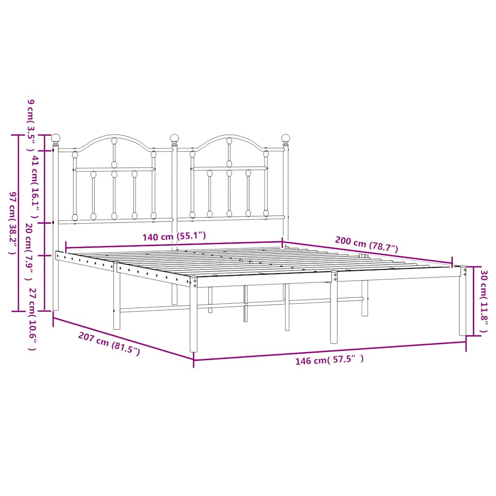 Metalni okvir za krevet s uzglavljem bijeli 140 x 200 cm