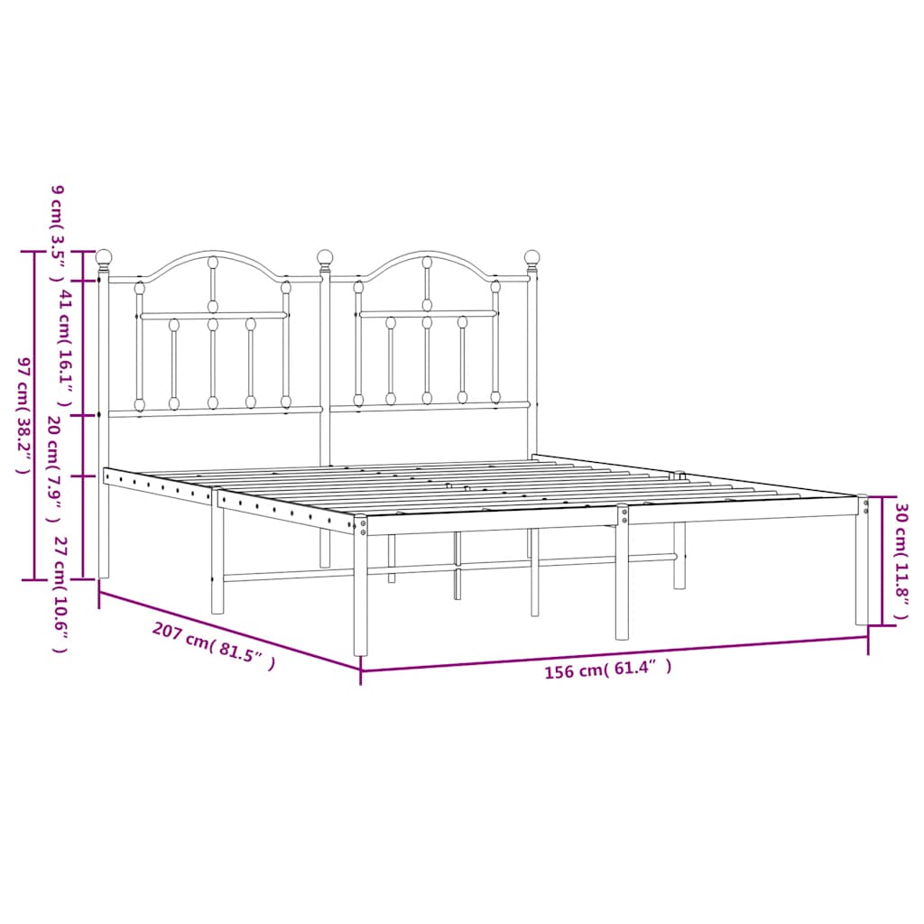 Metalni okvir za krevet s uzglavljem bijeli 150x200 cm