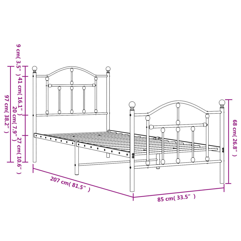 Metalni okvir kreveta uzglavlje i podnožje bijeli 80x200 cm