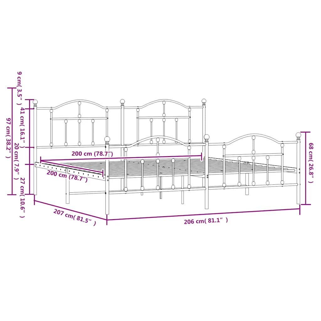 Metalni okvir kreveta uzglavlje i podnožje bijeli 200x200 cm