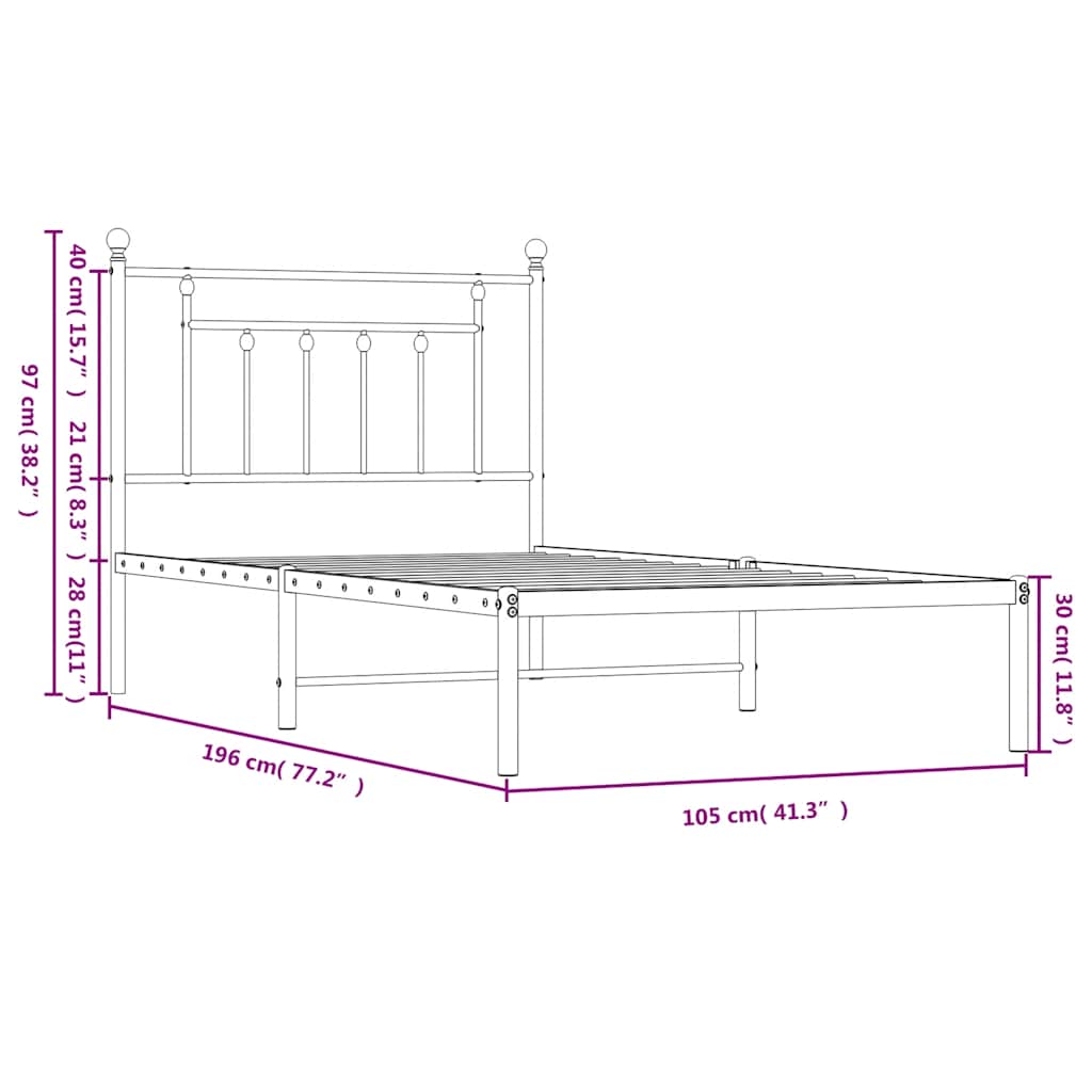Metalni okvir za krevet s uzglavljem crni 100x190 cm