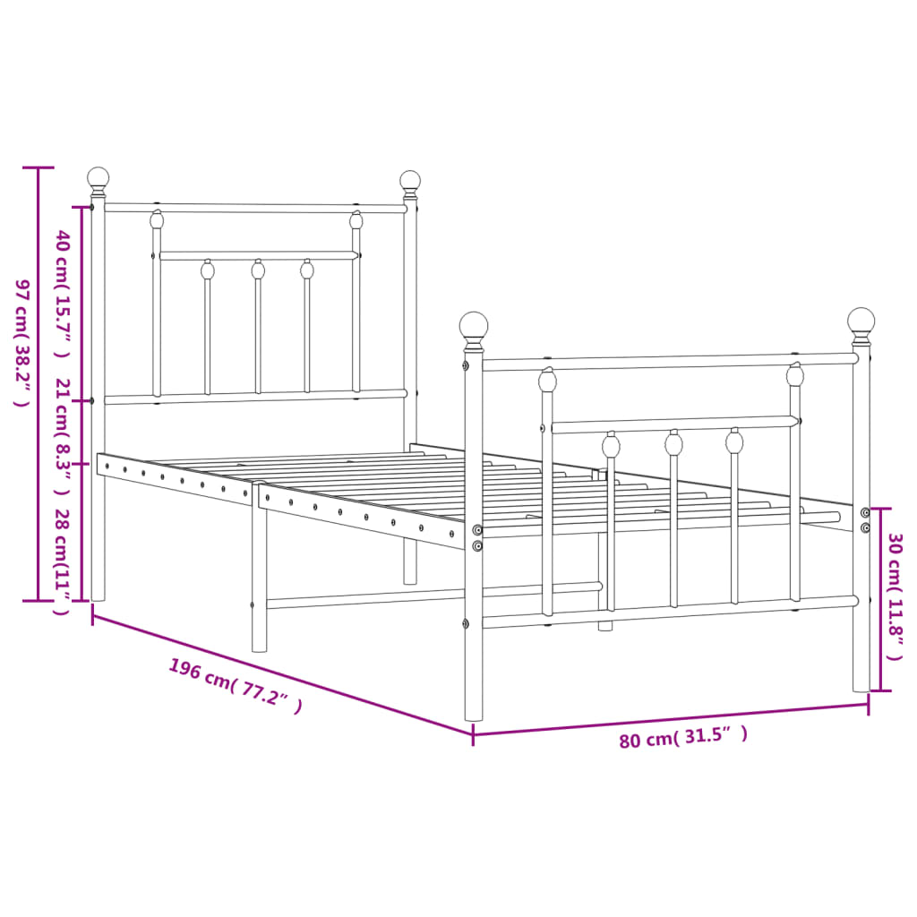 Metalni okvir kreveta uzglavlje i podnožje crni 75x190 cm