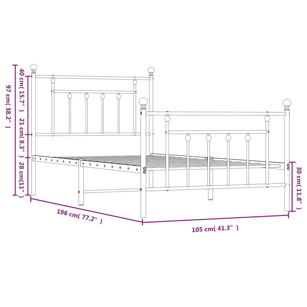 Metalni okvir kreveta uzglavlje i podnožje crni 100x190 cm