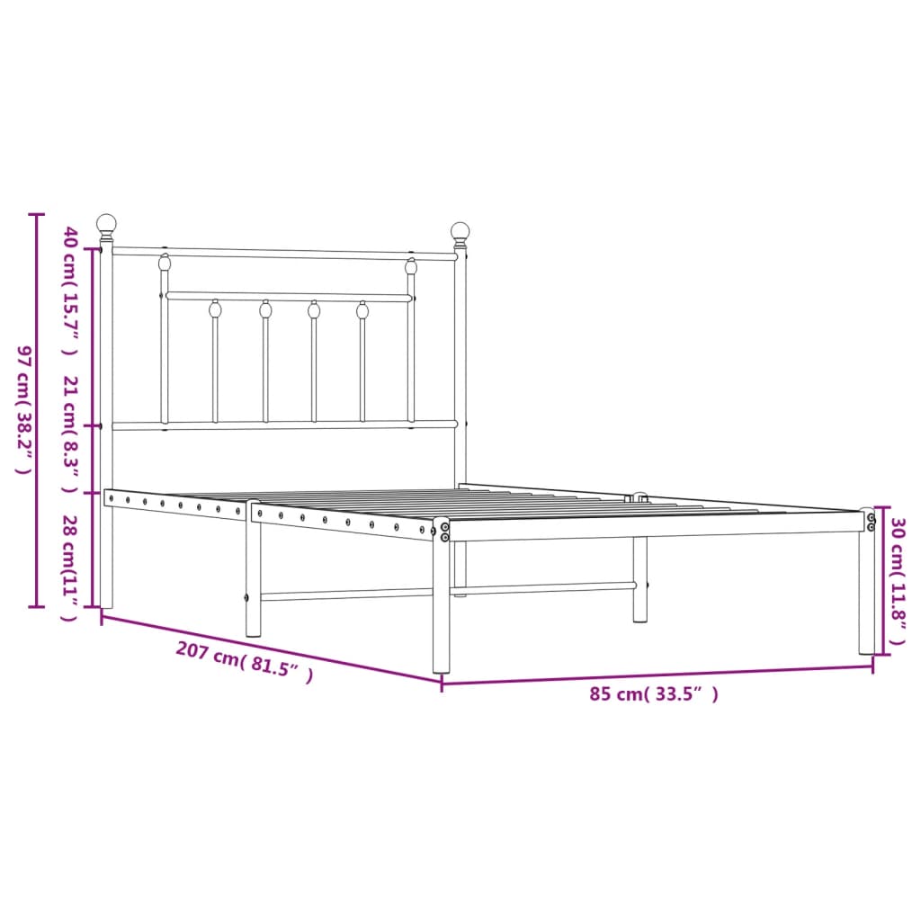 Metalni okvir za krevet s uzglavljem bijeli 80x200 cm