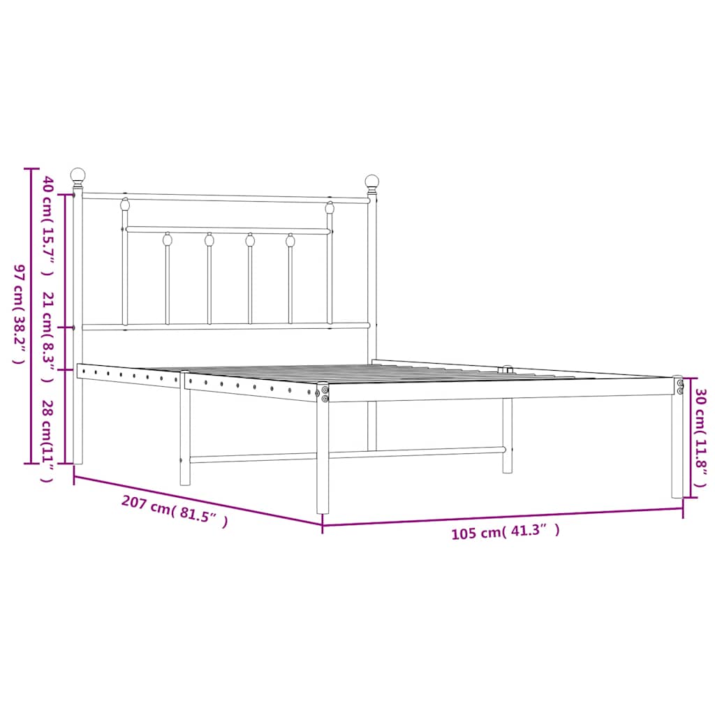 Metalni okvir za krevet s uzglavljem bijeli 100x200 cm