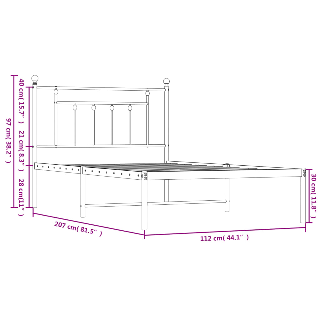 Metalni okvir za krevet s uzglavljem bijeli 107x203 cm