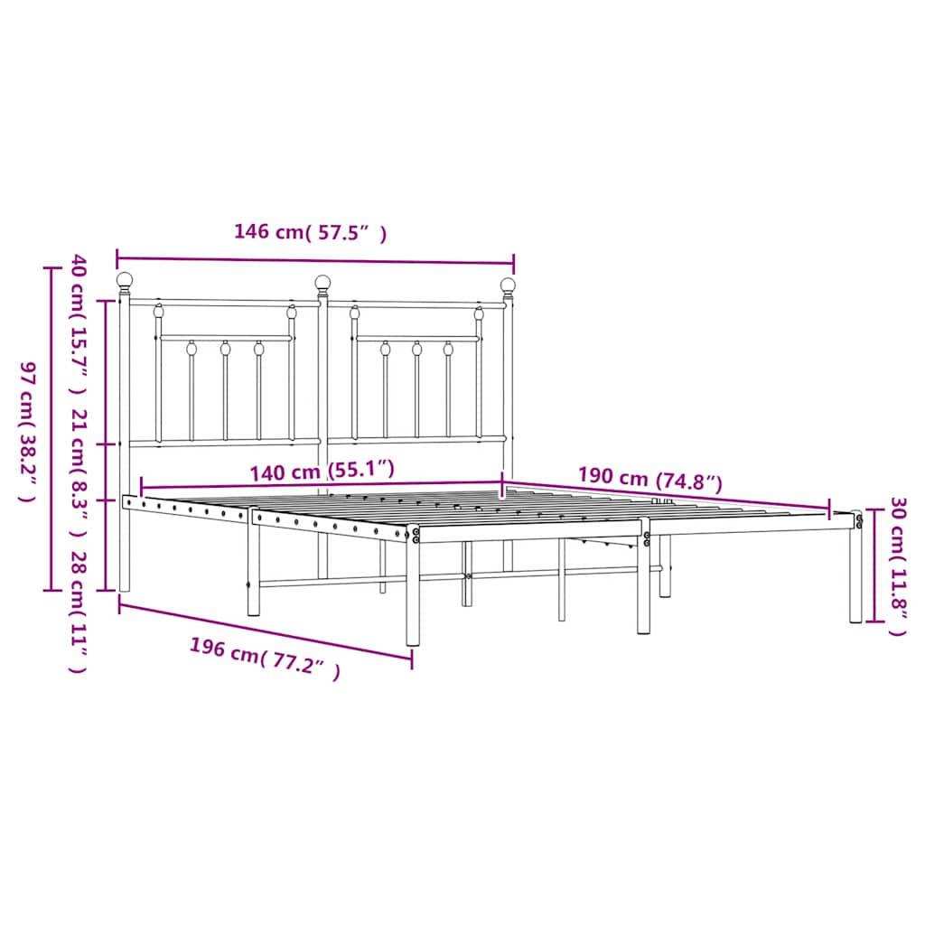 Metalni okvir za krevet s uzglavljem bijeli 140 x 190 cm