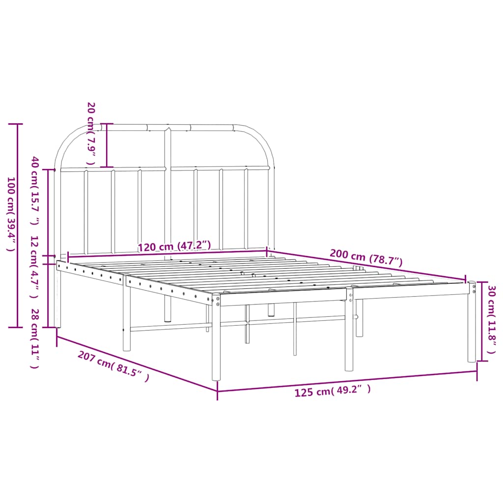 Metalni okvir za krevet s uzglavljem crni 120x200 cm