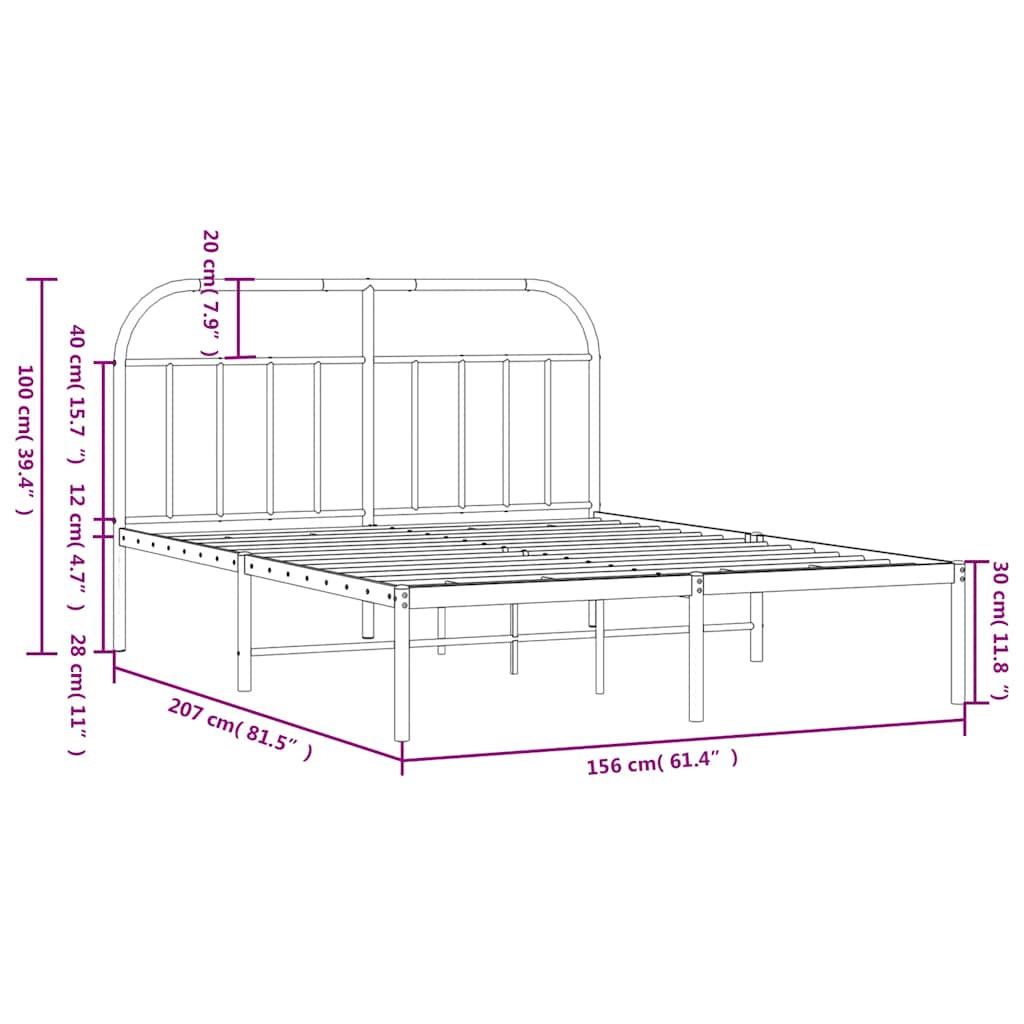 Metalni okvir za krevet s uzglavljem crni 150x200 cm