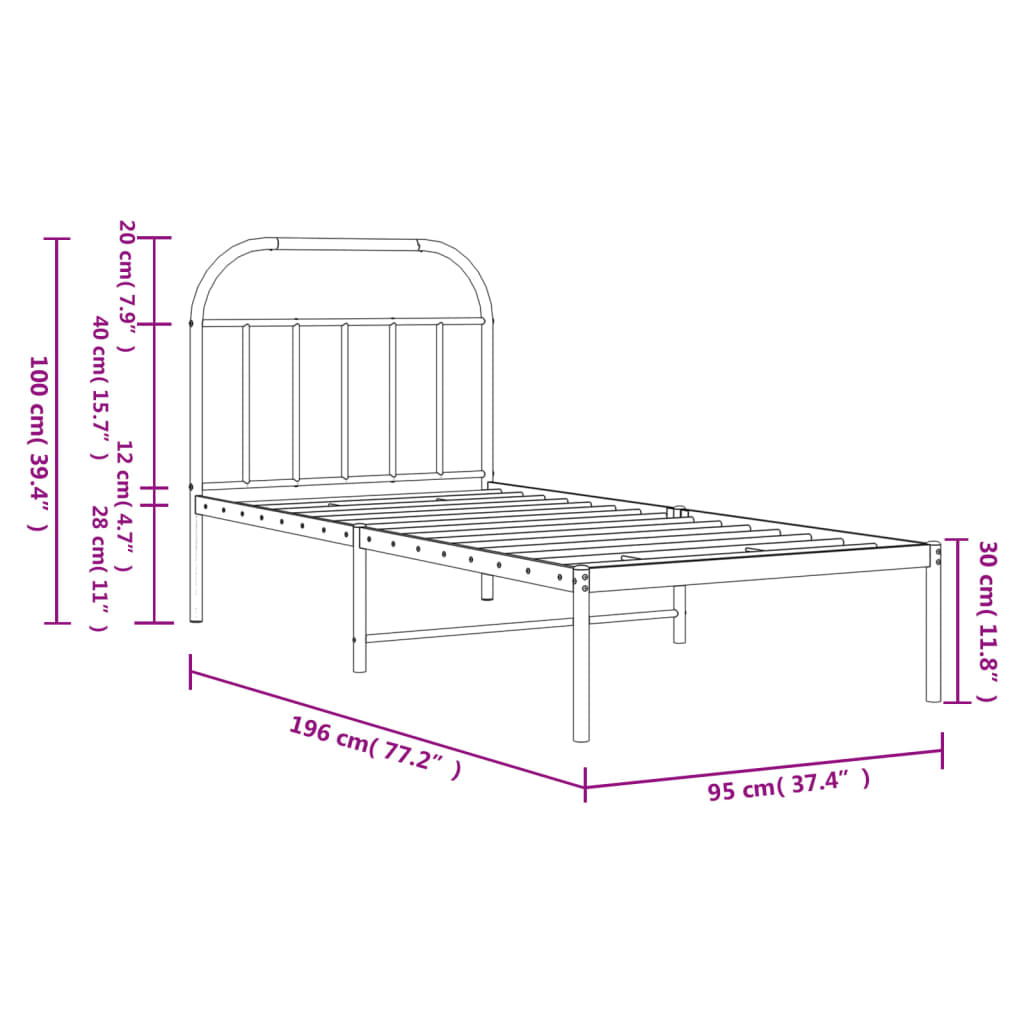 Metalni okvir za krevet s uzglavljem bijeli 90 x 190 cm