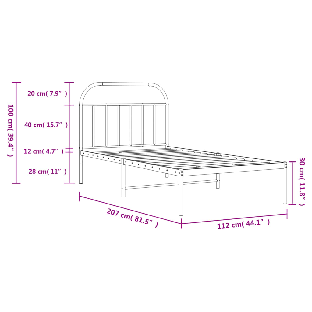 Metalni okvir za krevet s uzglavljem bijeli 107x203 cm