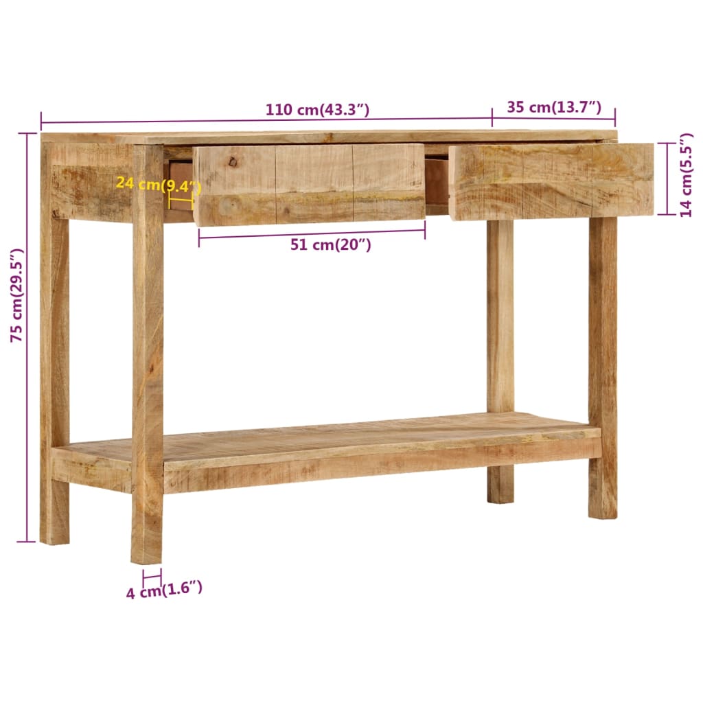 Konzolni stol s 2 ladice 110 x 35 x 75 cm masivno drvo manga