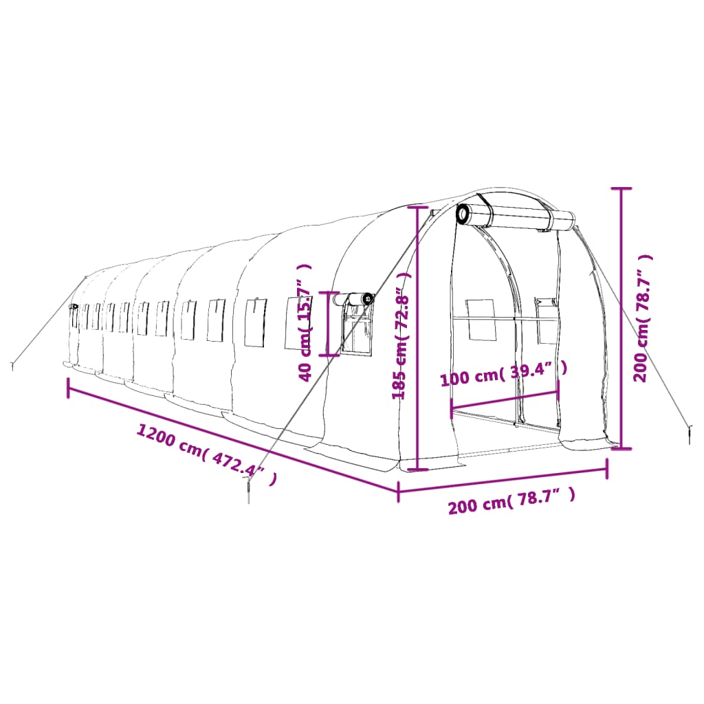 Staklenik s čeličnim okvirom zeleni 24 m² 12 x 2 x 2 m