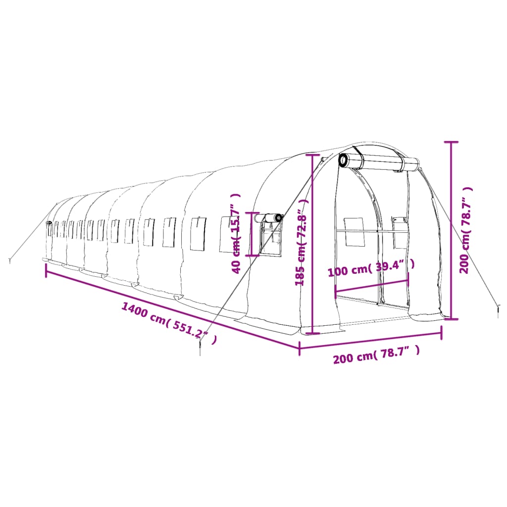 Staklenik s čeličnim okvirom zeleni 28 m² 14 x 2 x 2 m