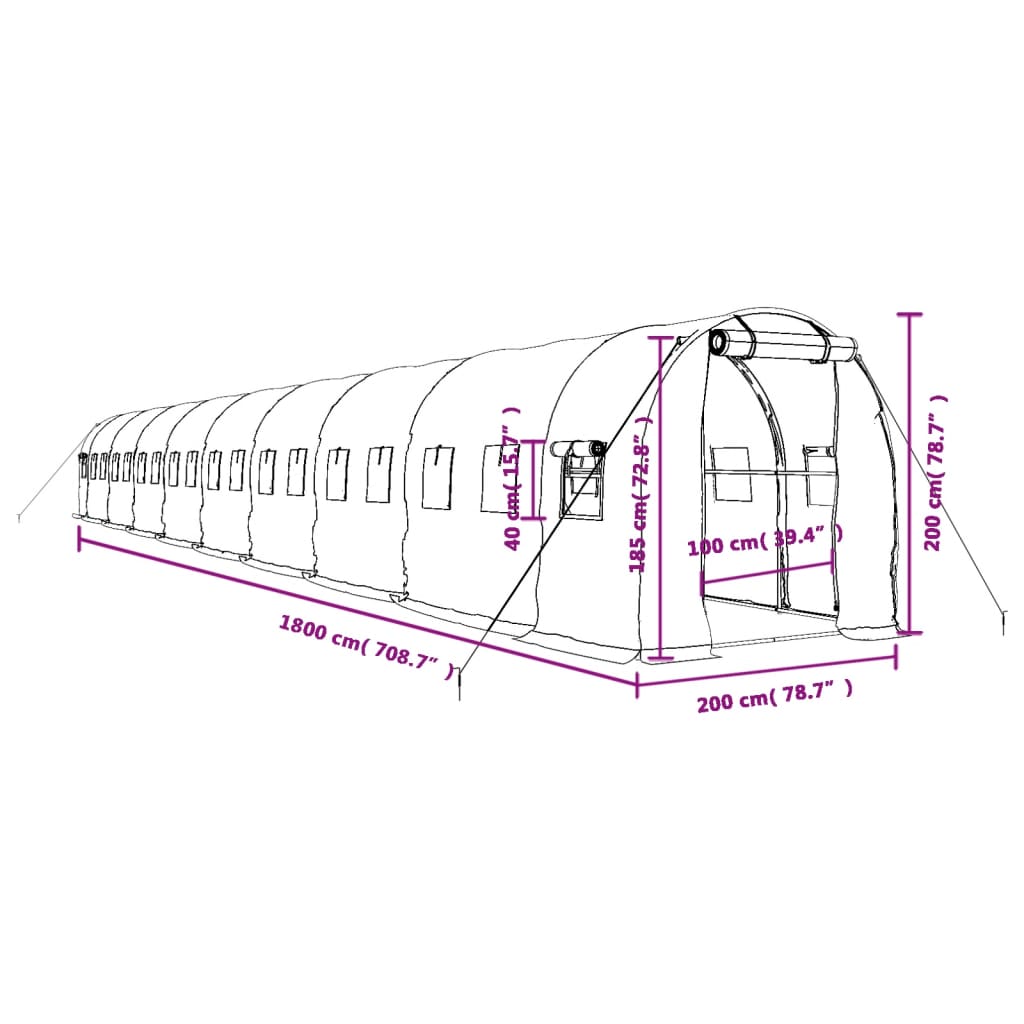 Staklenik s čeličnim okvirom zeleni 36 m² 18 x 2 x 2 m