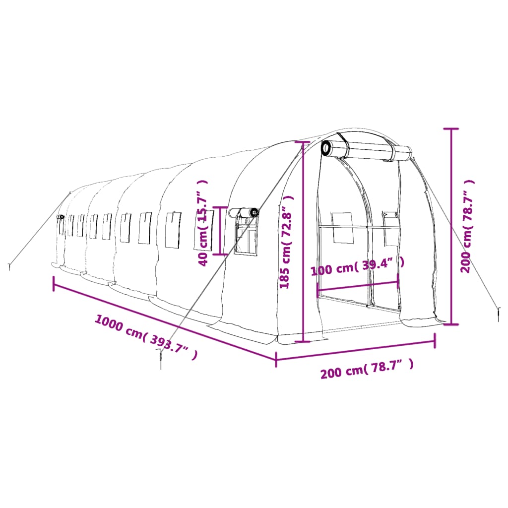 Staklenik s čeličnim okvirom bijeli 20 m² 10 x 2 x 2 m